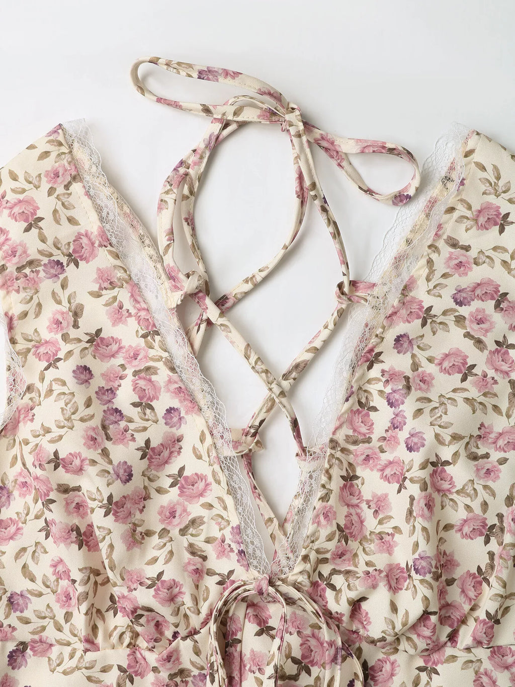 Floral Print Lace Trim Tie Front Dress