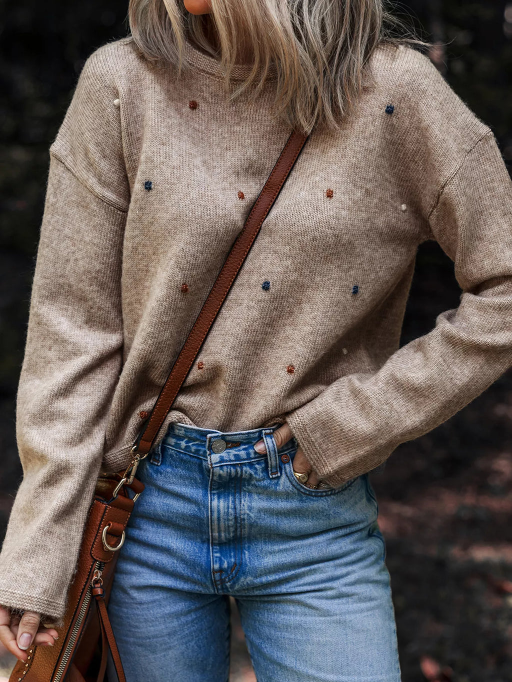 Contrast Colored Dot Detail Drop Shoulder Sweater