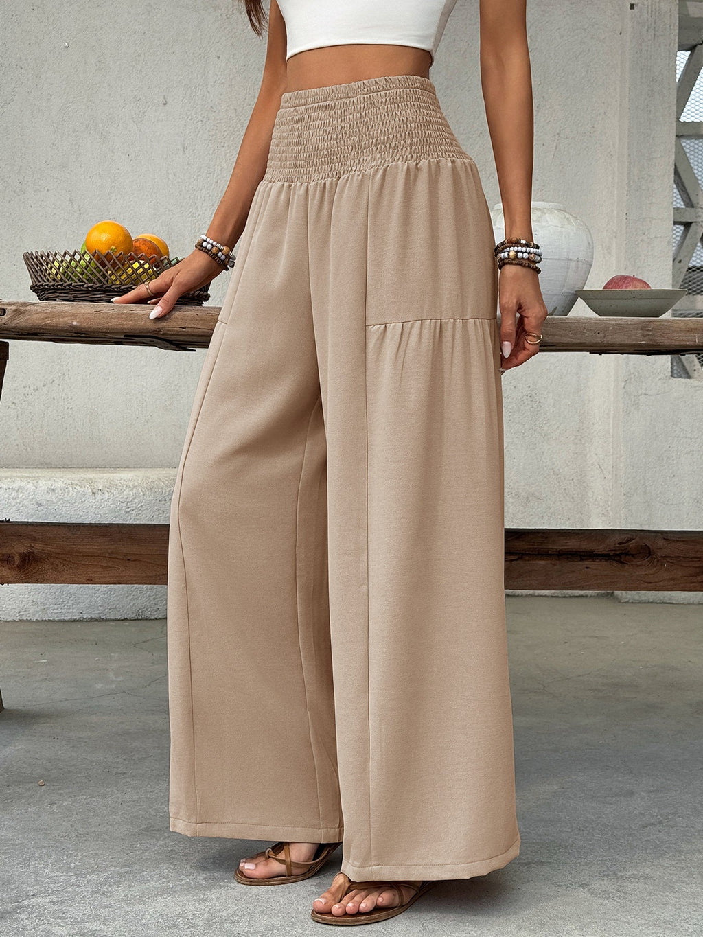 Smocked Waist Wide Leg Pants