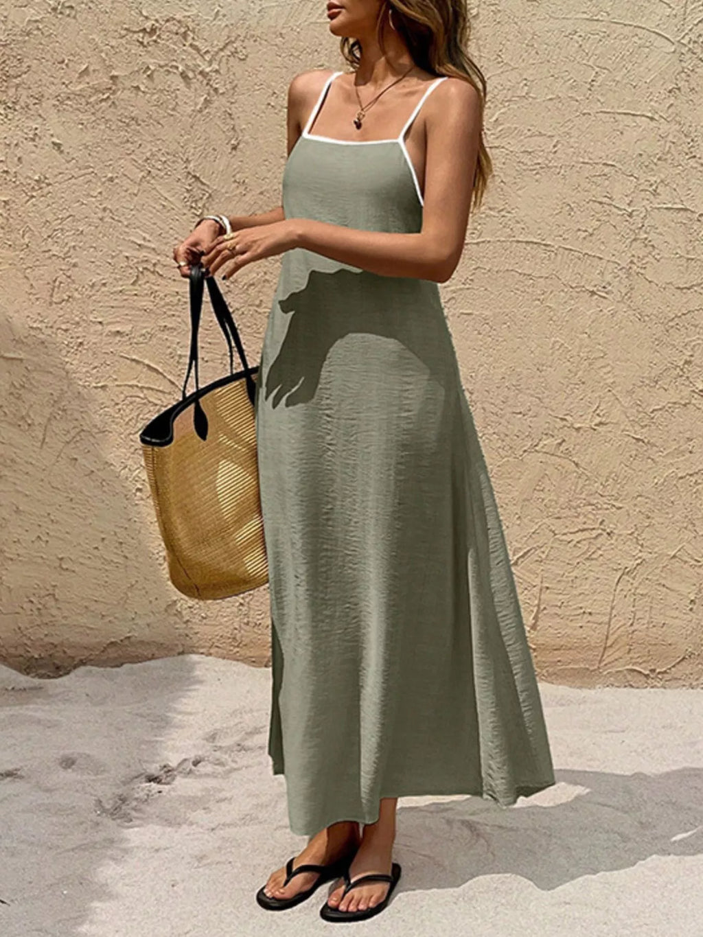 Spaghetti Strap Maxi Dress with Contrasting Trim