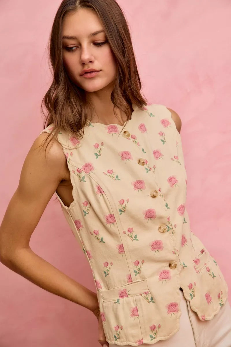 SO ME Floral Rose Cotton Twill Scallop Button Vest Top