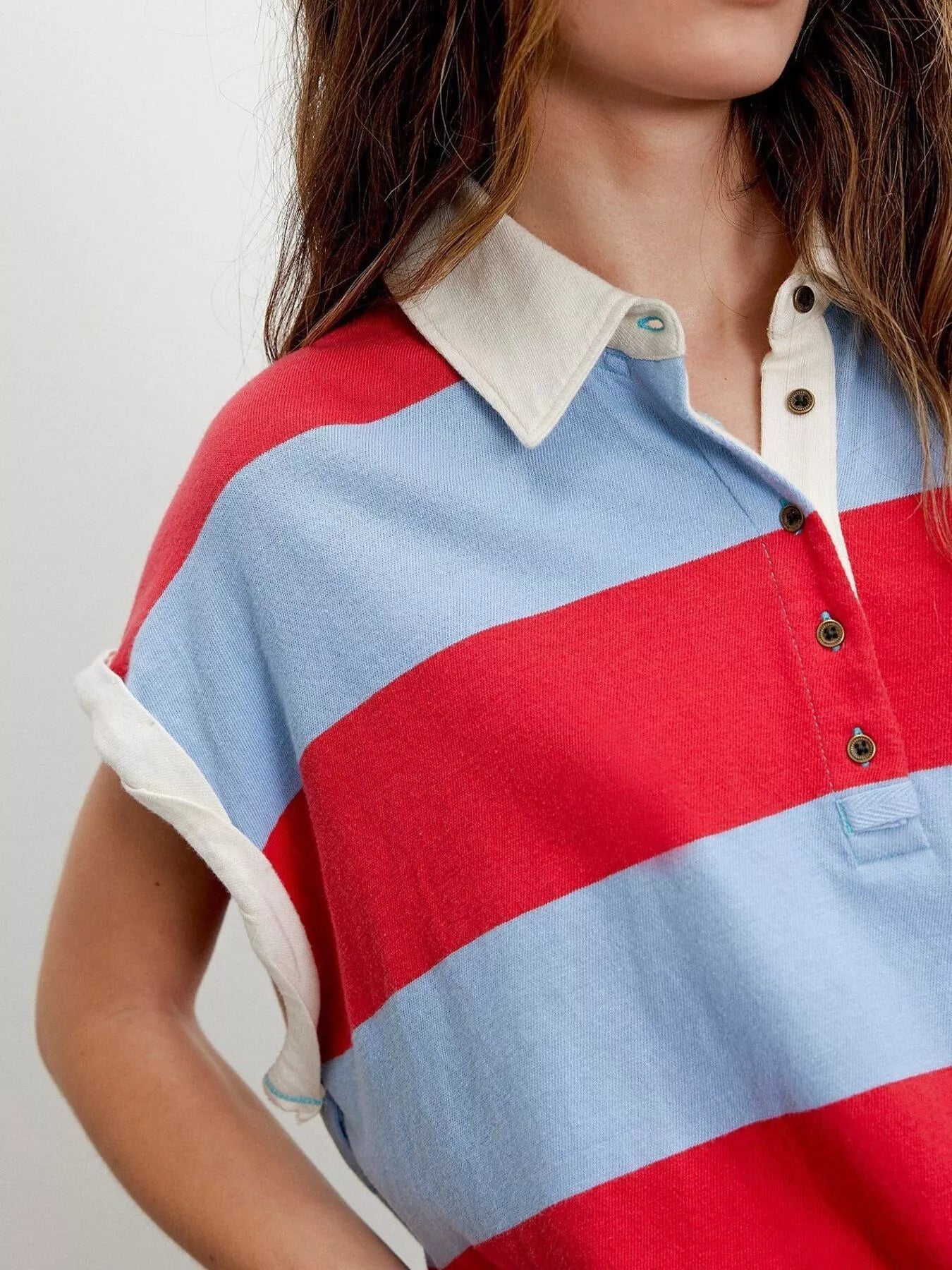 Half Button Striped Short Sleeve Cropped Polo Shirt