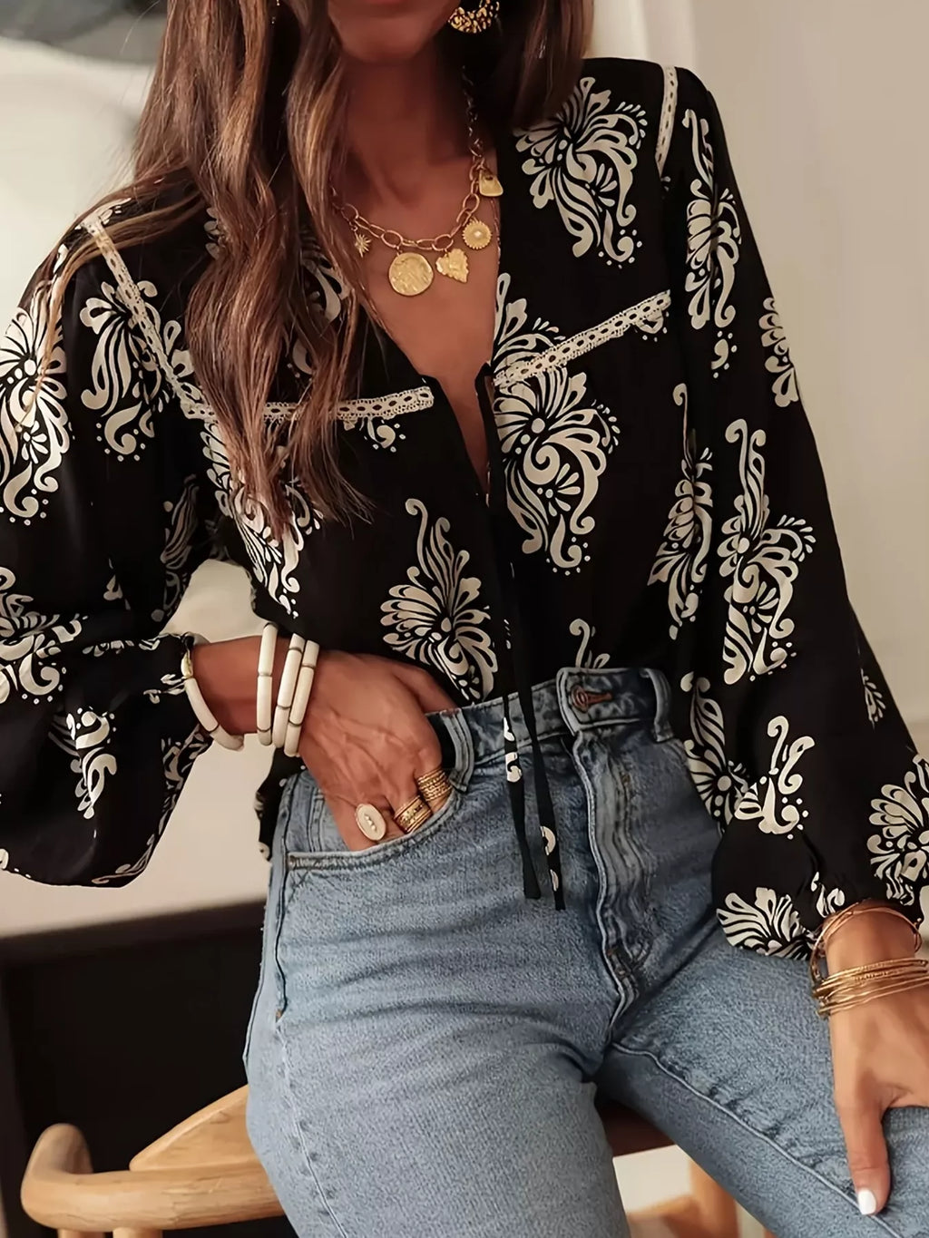 Floral Print Tie-Neck Blouse