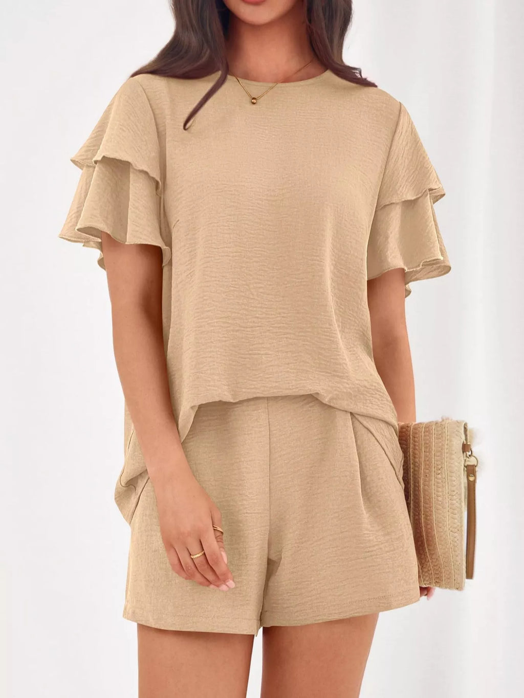 Ruffle Sleeve Top and Shorts Two-Piece Set