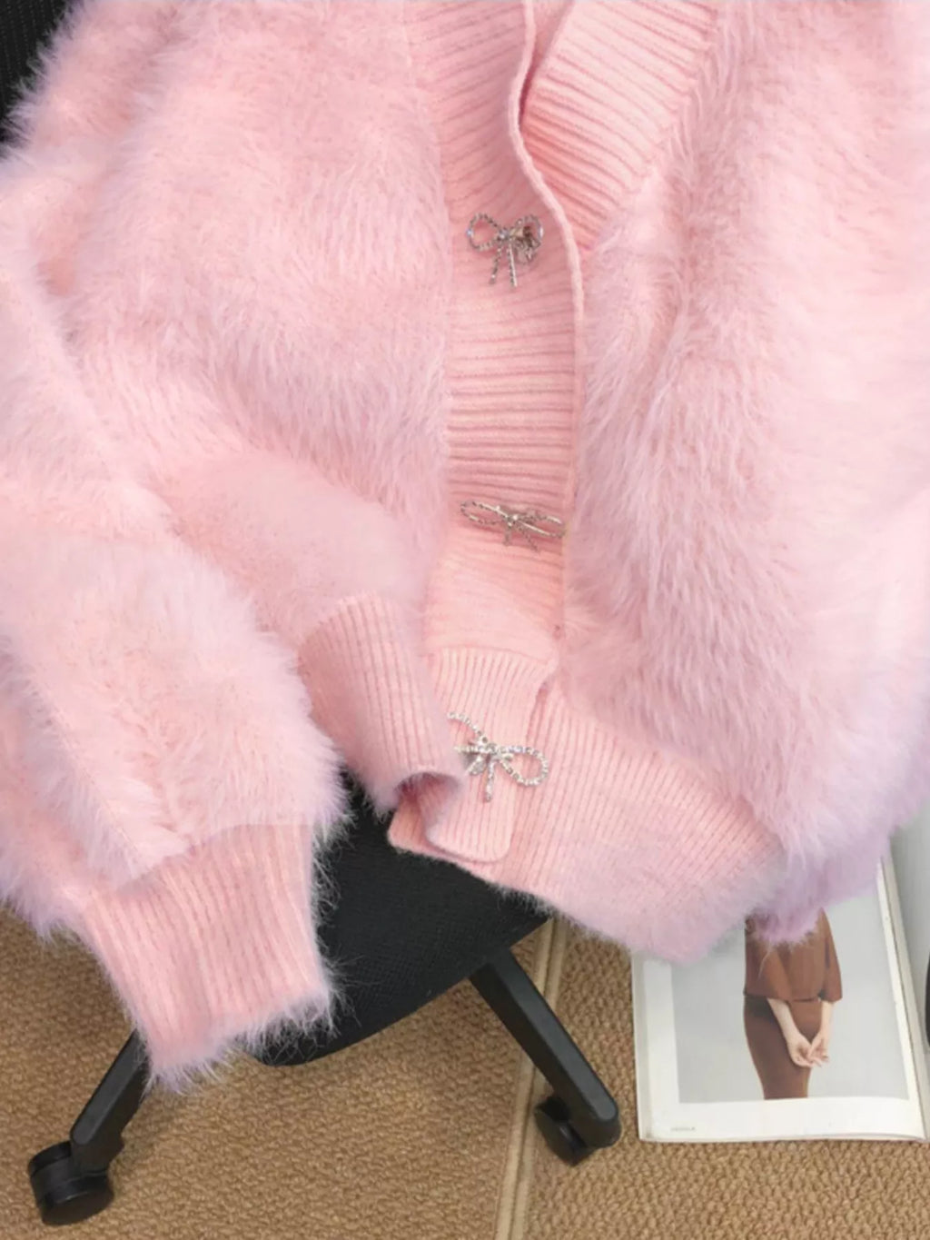 Fuzzy Bow Button Up Cardigan