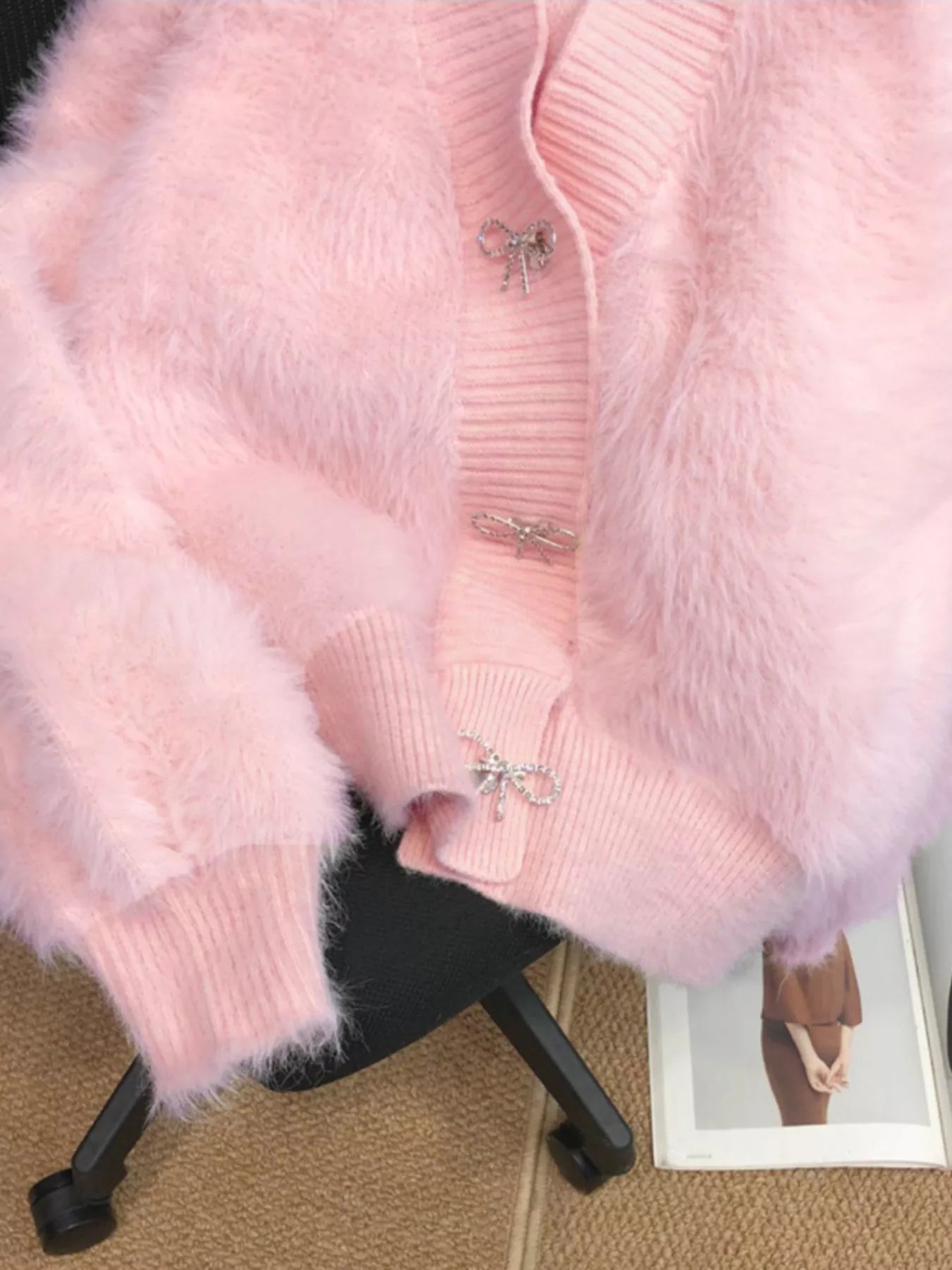 Fuzzy Bow Button Up Cardigan
