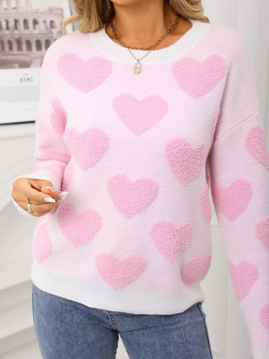 Valentine's Day Heart Pattern Round Neck Sweater