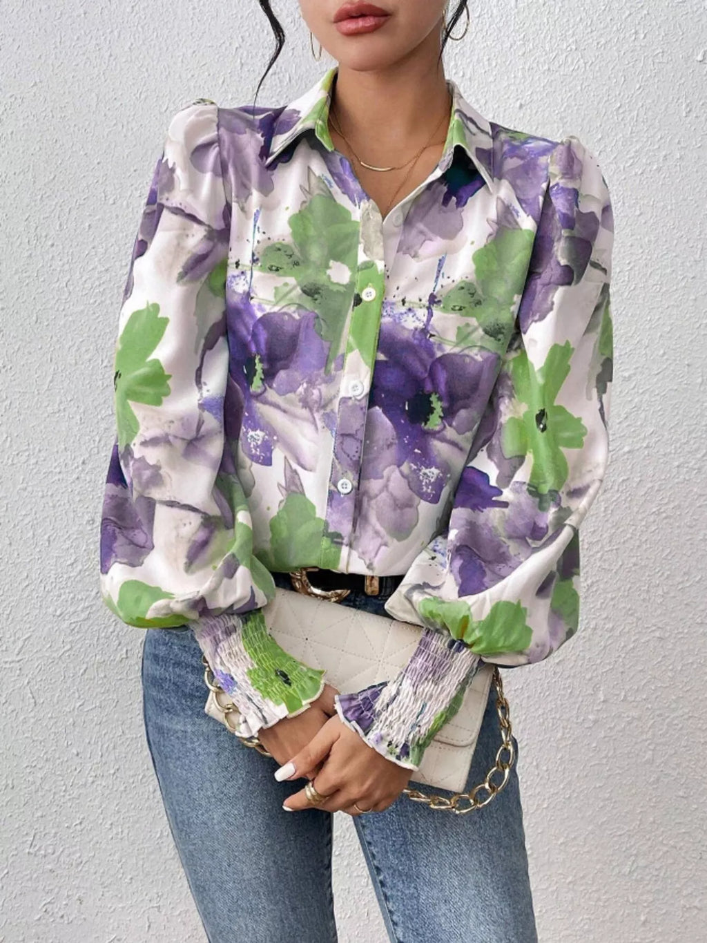 Printed Button Up Lantern Sleeve Shirt