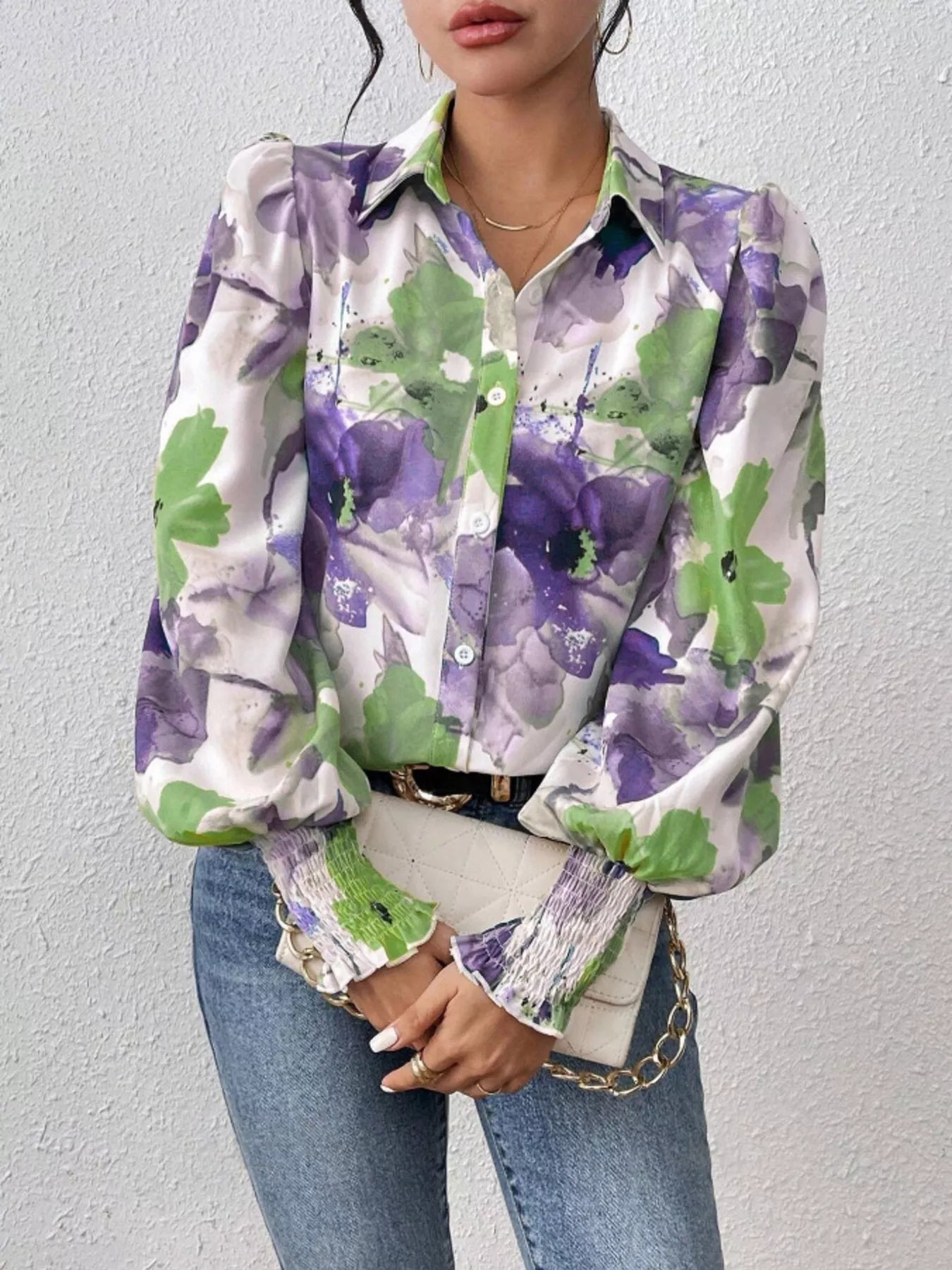 Printed Button Up Lantern Sleeve Shirt
