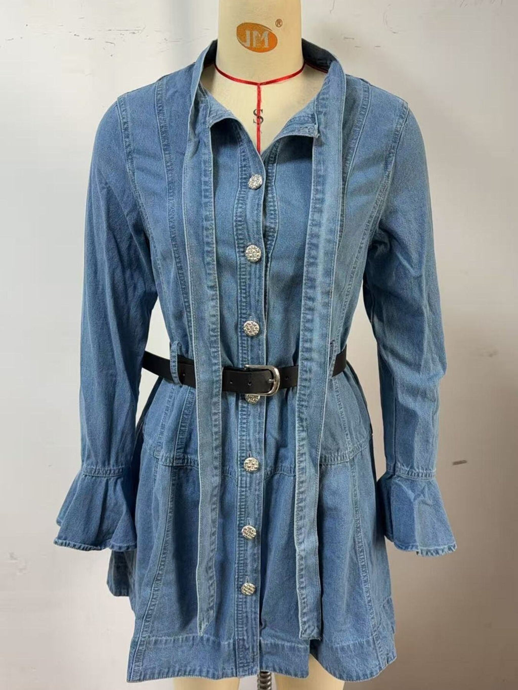 Button Front Flounce Sleeve Denim Dress