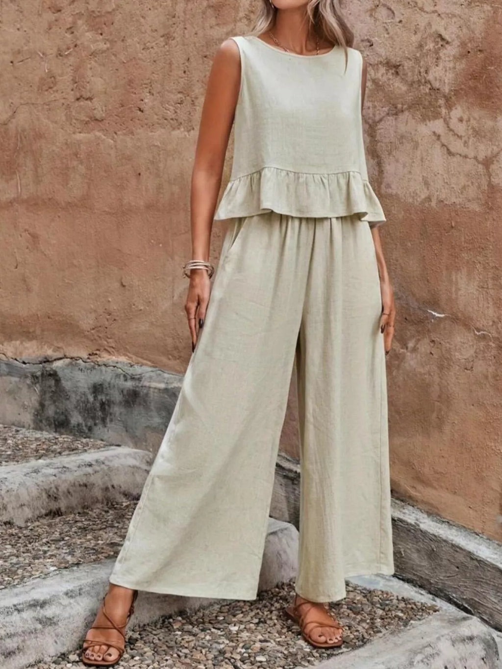 Sleeveless Ruffle Hem Top and Wide Leg Pants Two-Piece Set