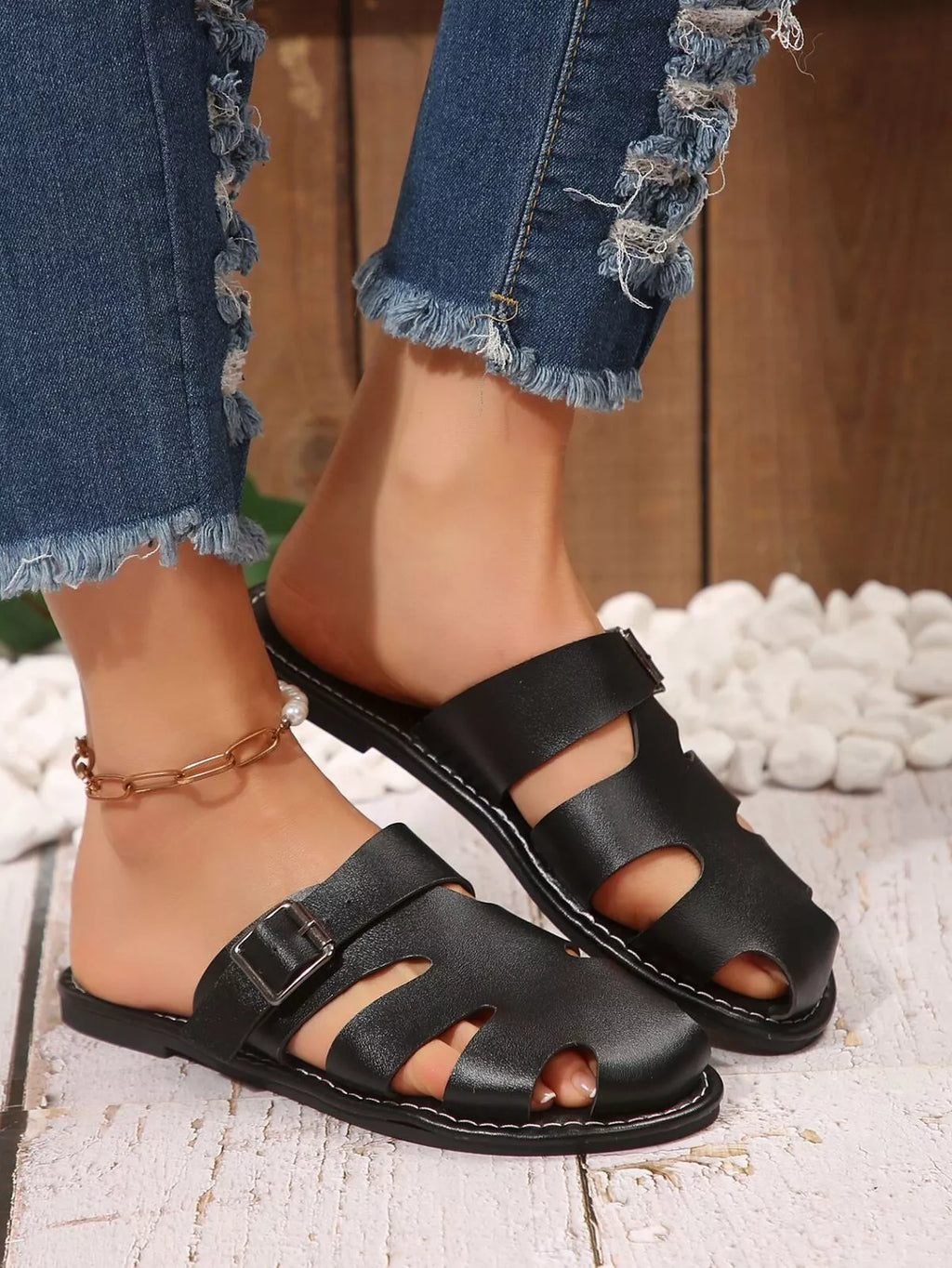 Comfortable Slip-On Leather Sandals with Adjustable Buckle
