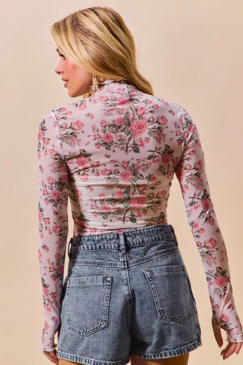 SO ME Floral Rose Print Mesh Sheer Layering Top