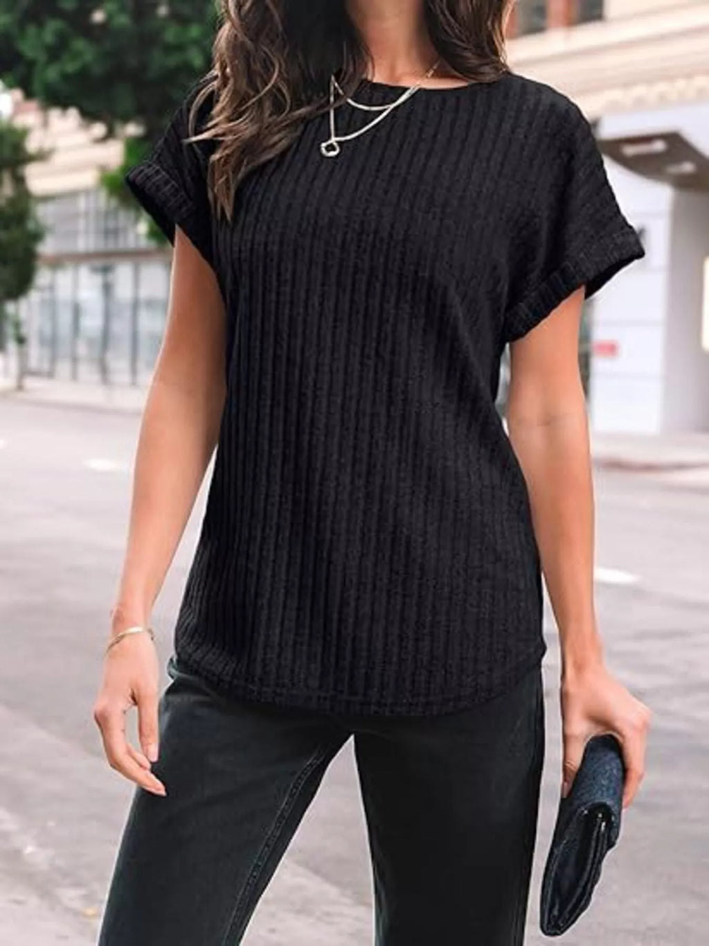Casual Ribbed Knit Short Sleeve T-Shirt