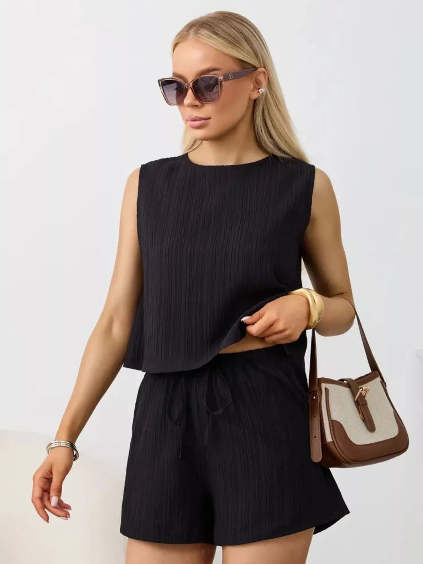 Textured Round Neck Tank and Shorts Set