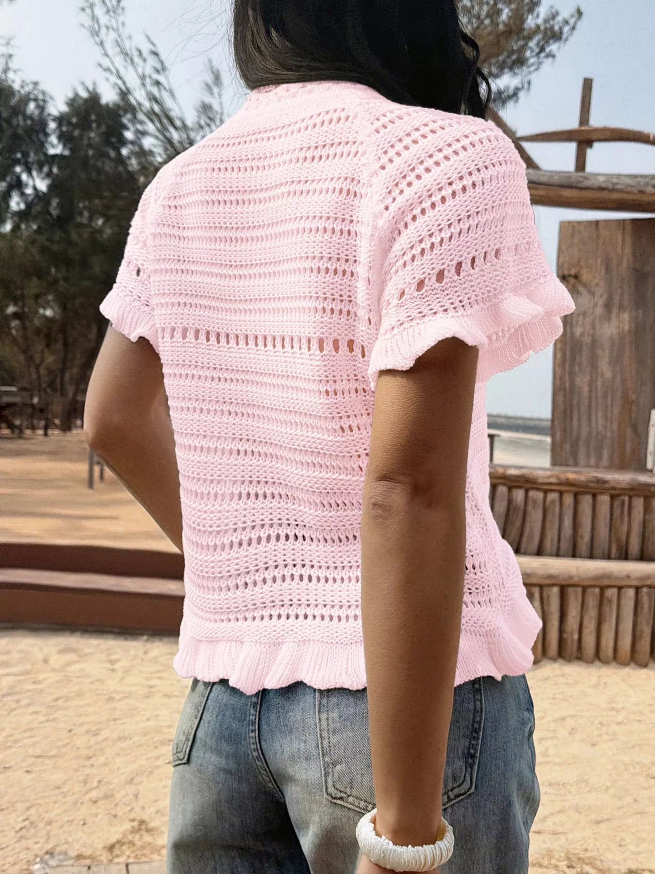 Openwork Ruffled Hem Knit Top
