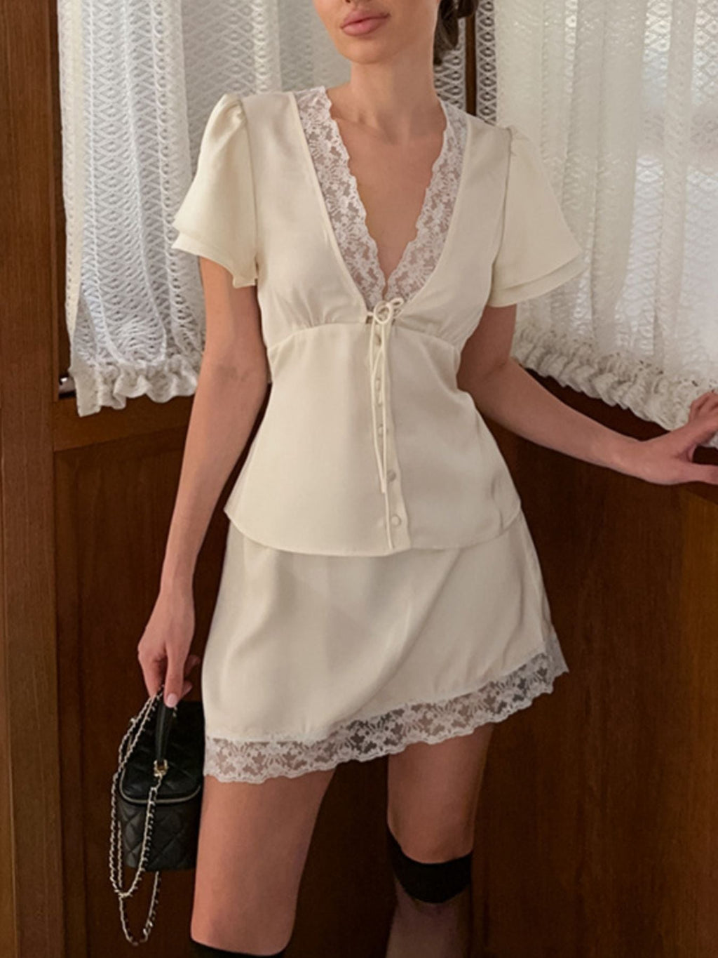 Lace Trimmed Top and Skirt Two-Piece Set