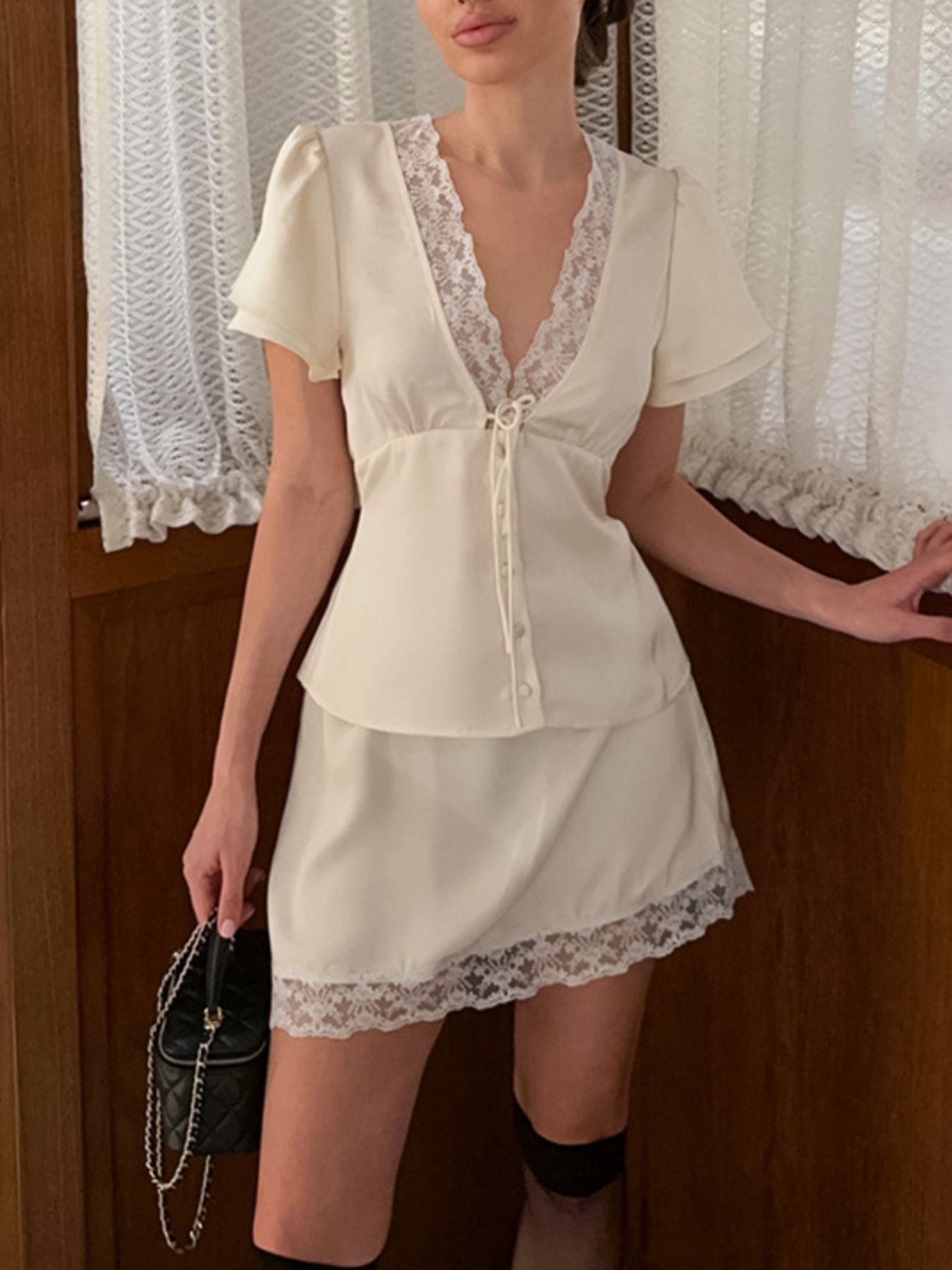 Lace Trimmed Top and Skirt Two-Piece Set