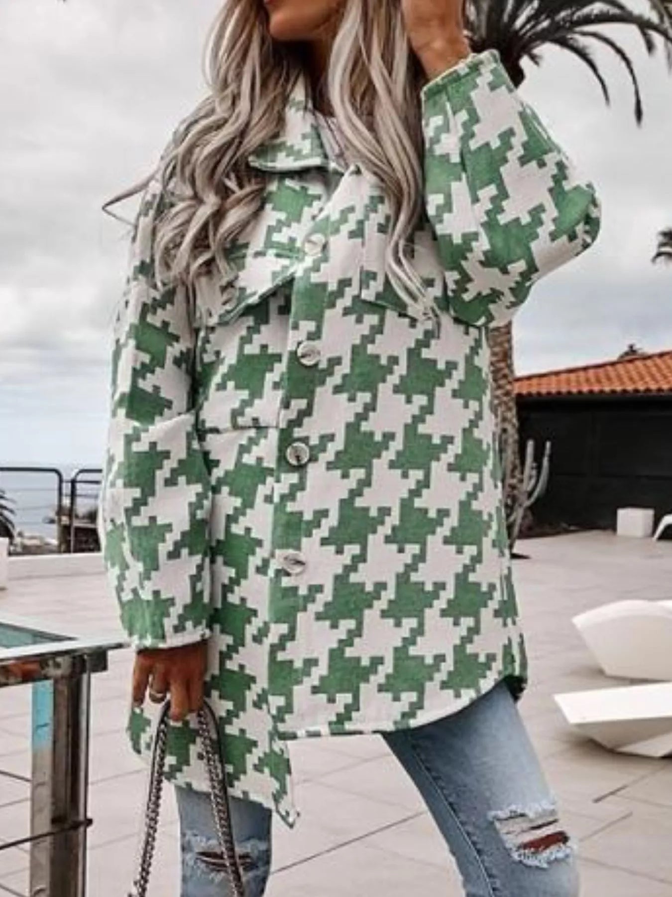 Houndstooth Button Up Long Sleeve Outerwear