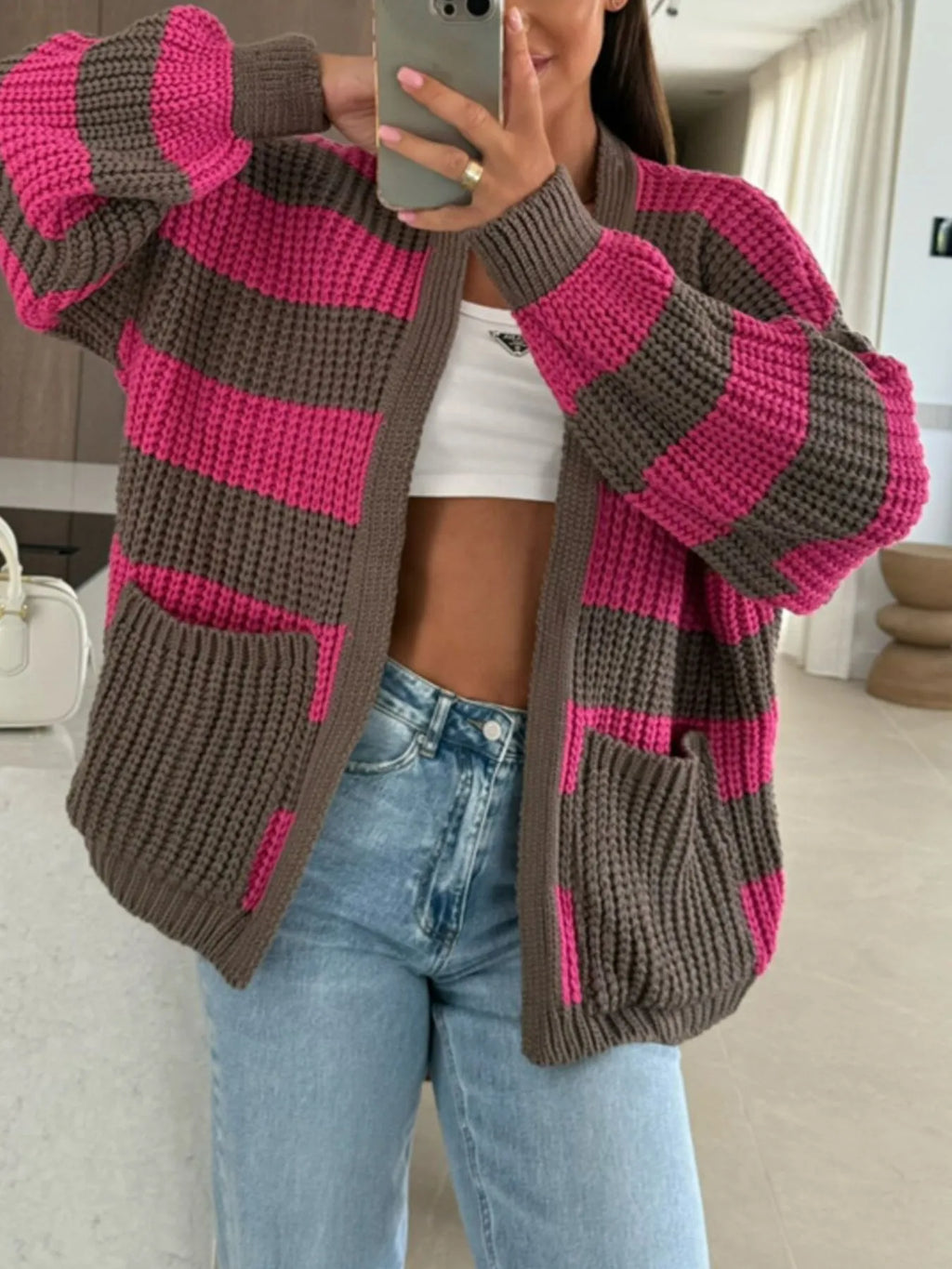 Striped Open Front Long Sleeve Cardigan