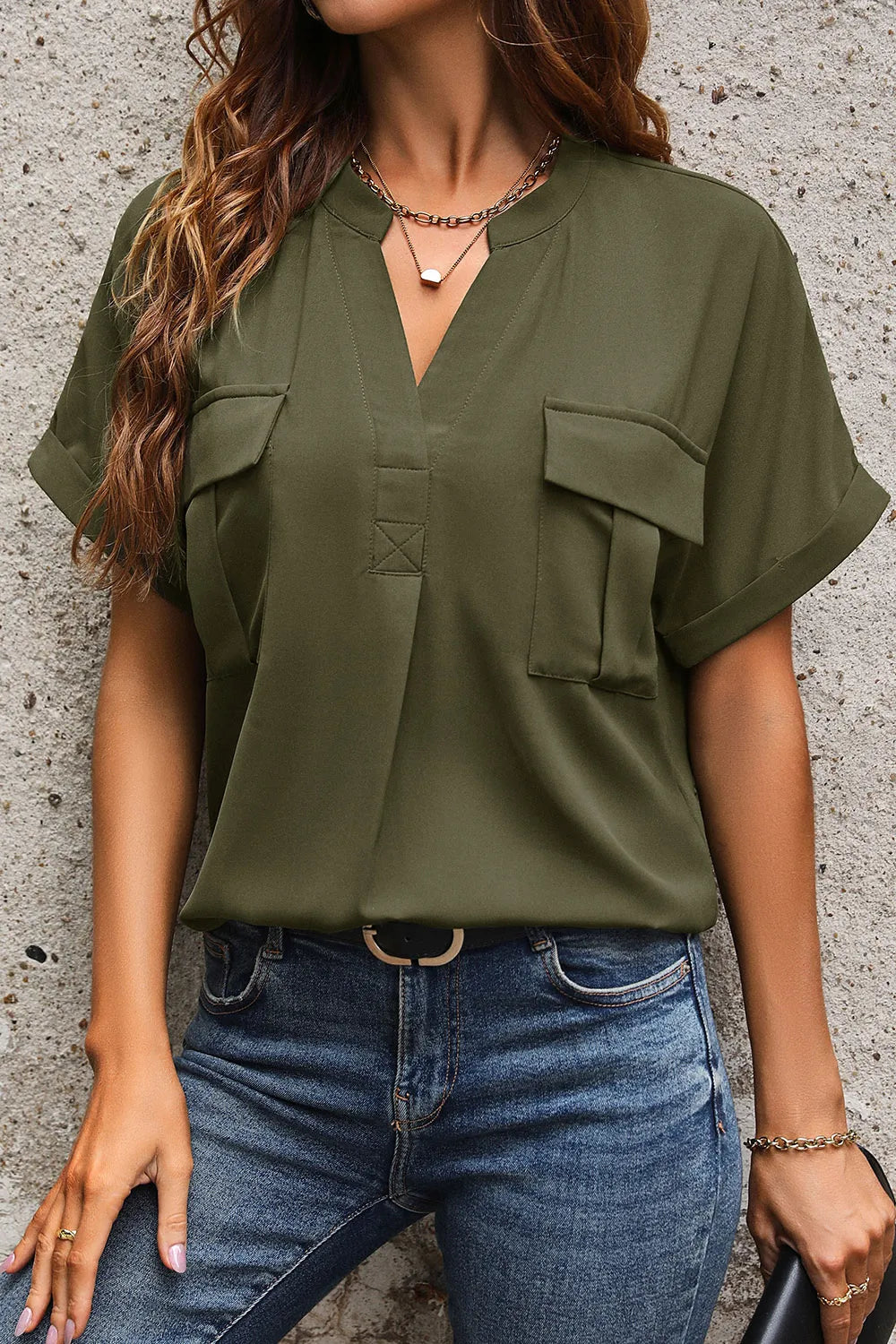 Perfee Pocketed Notched Short Sleeve Blouse