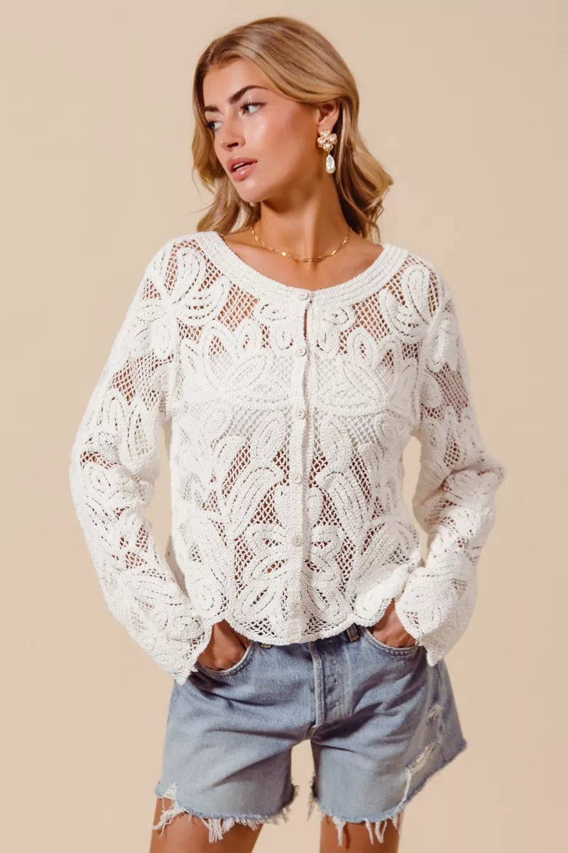 SO ME Button Front Floral Pattern Crochet Lace Cardigan