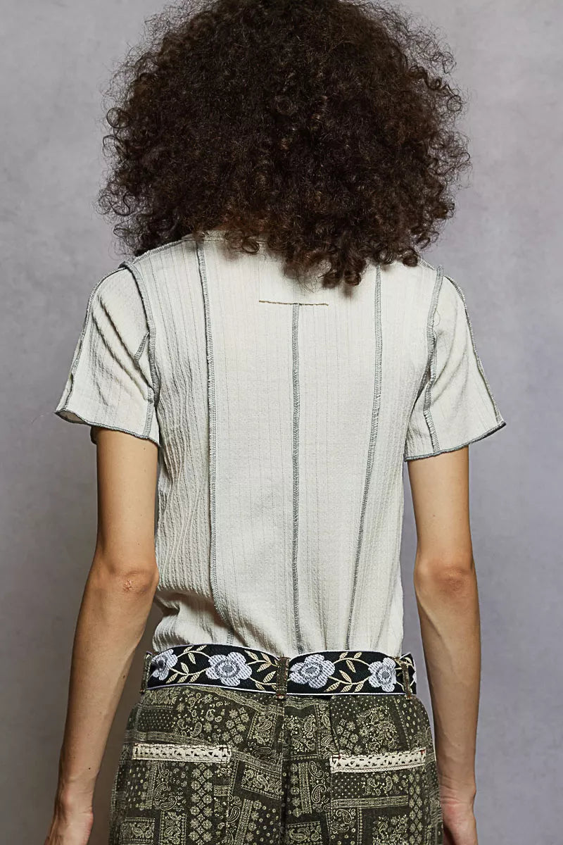 POL V-Neck Short Sleeve Top with Stitch Seam Detail