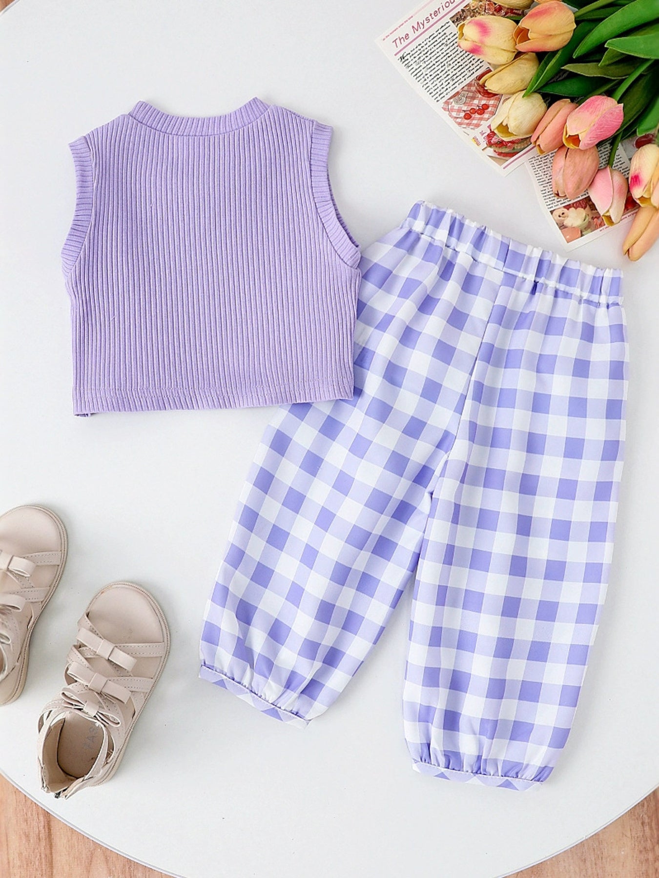 Children's Ribbed Tank Top and Plaid Pants Set with Bows