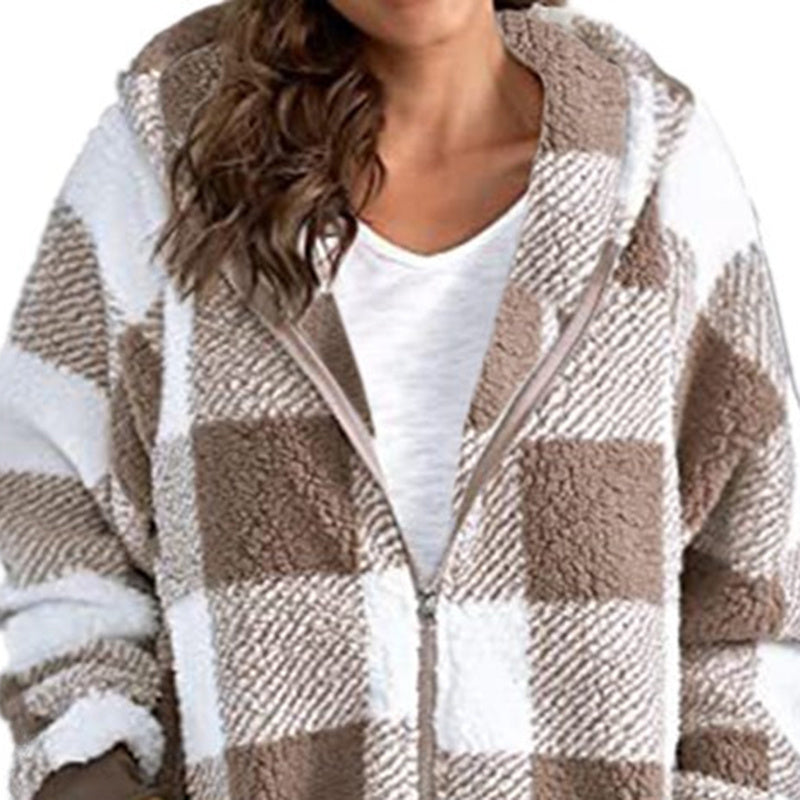 Plaid Hooded Zip-Up Oversized Jacket — Women’s Winter Commute Coat