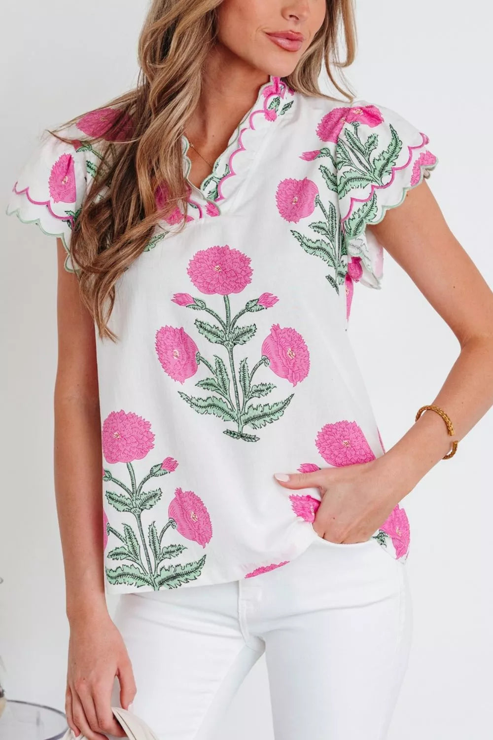 Contrast Scallop Trim Layered Short Sleeve V Neck Blouse