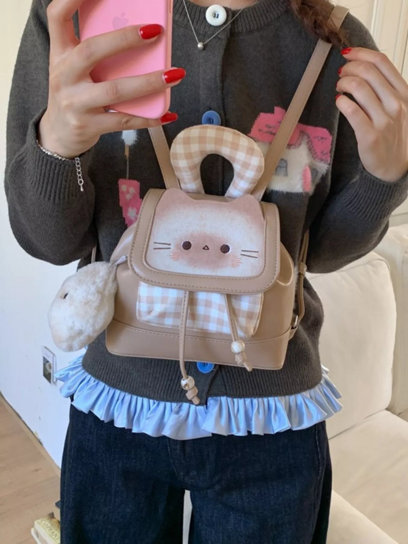 Cat Plaid Backpack Bag