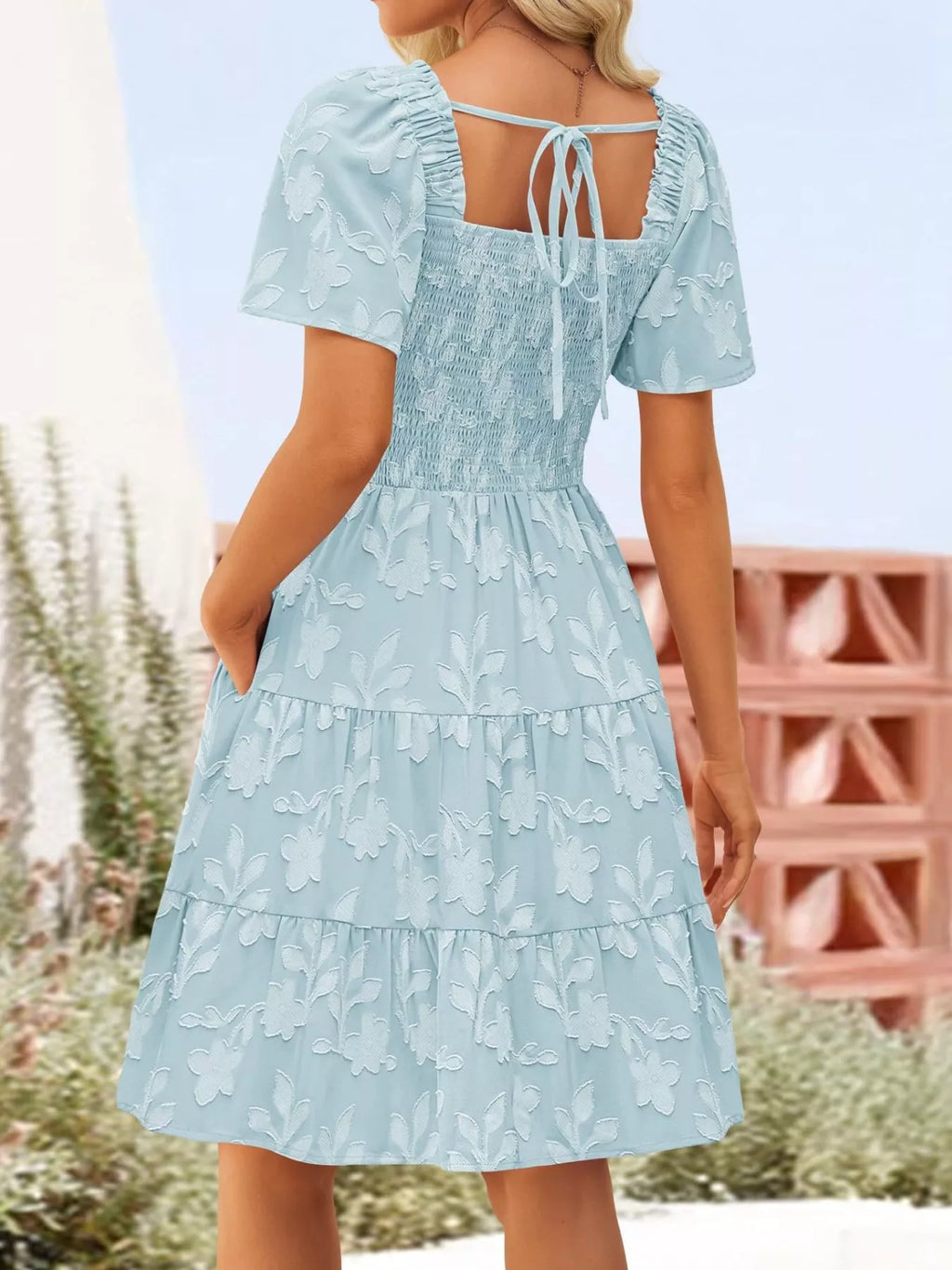 Smocked Square Neck Tiered Mini Dress