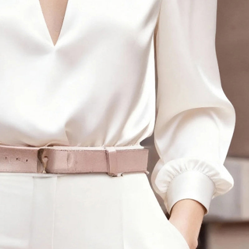 Women’s Satin V-Neck Long Sleeve Top – Slim Fit Solid Color Blouse