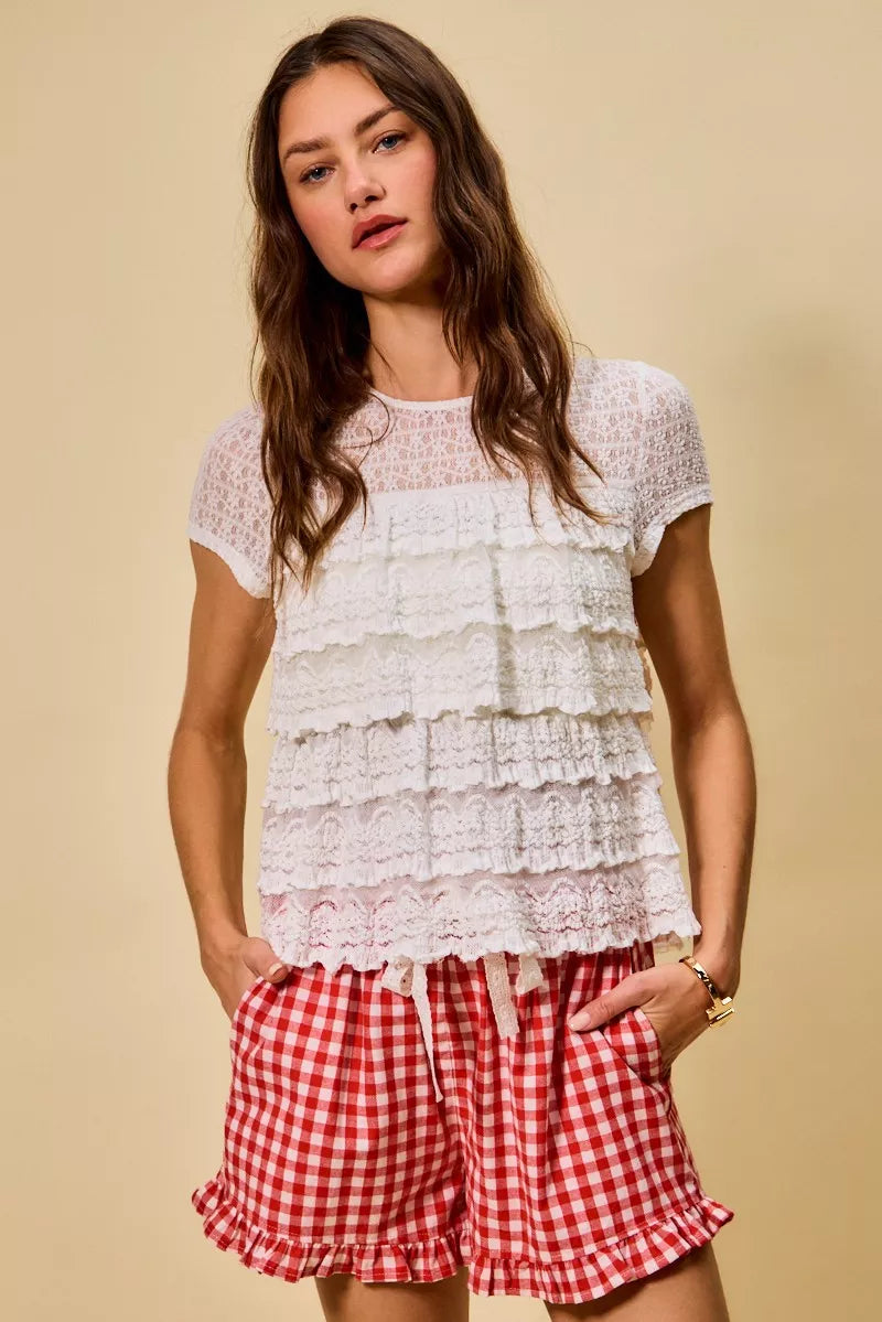 SO ME Ruffle Tiered Stretch Lace Short Sleeves Knit Top