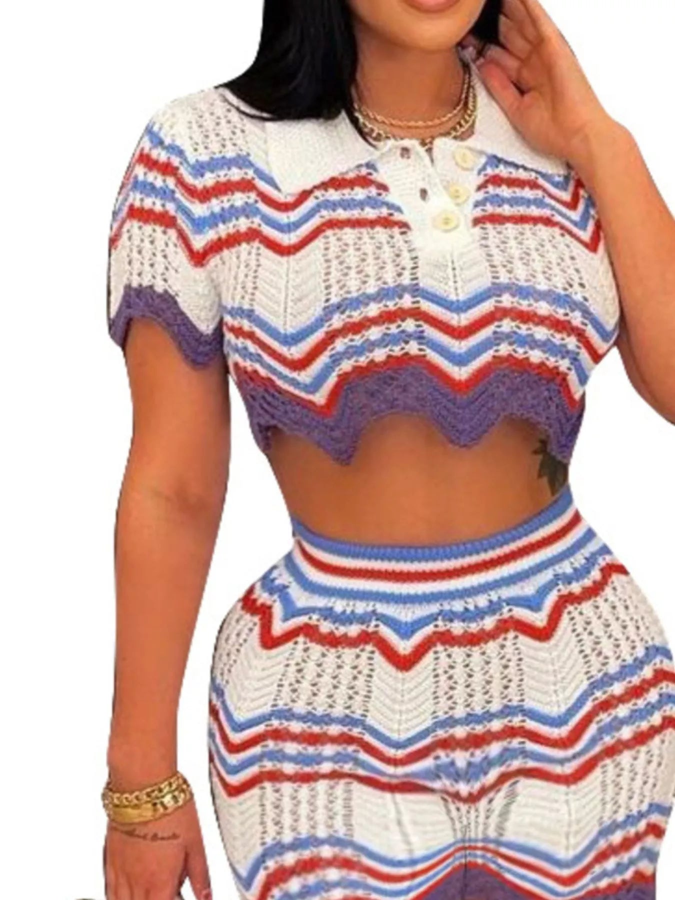 Crochet Knit Sweater Set with Zigzag Pattern