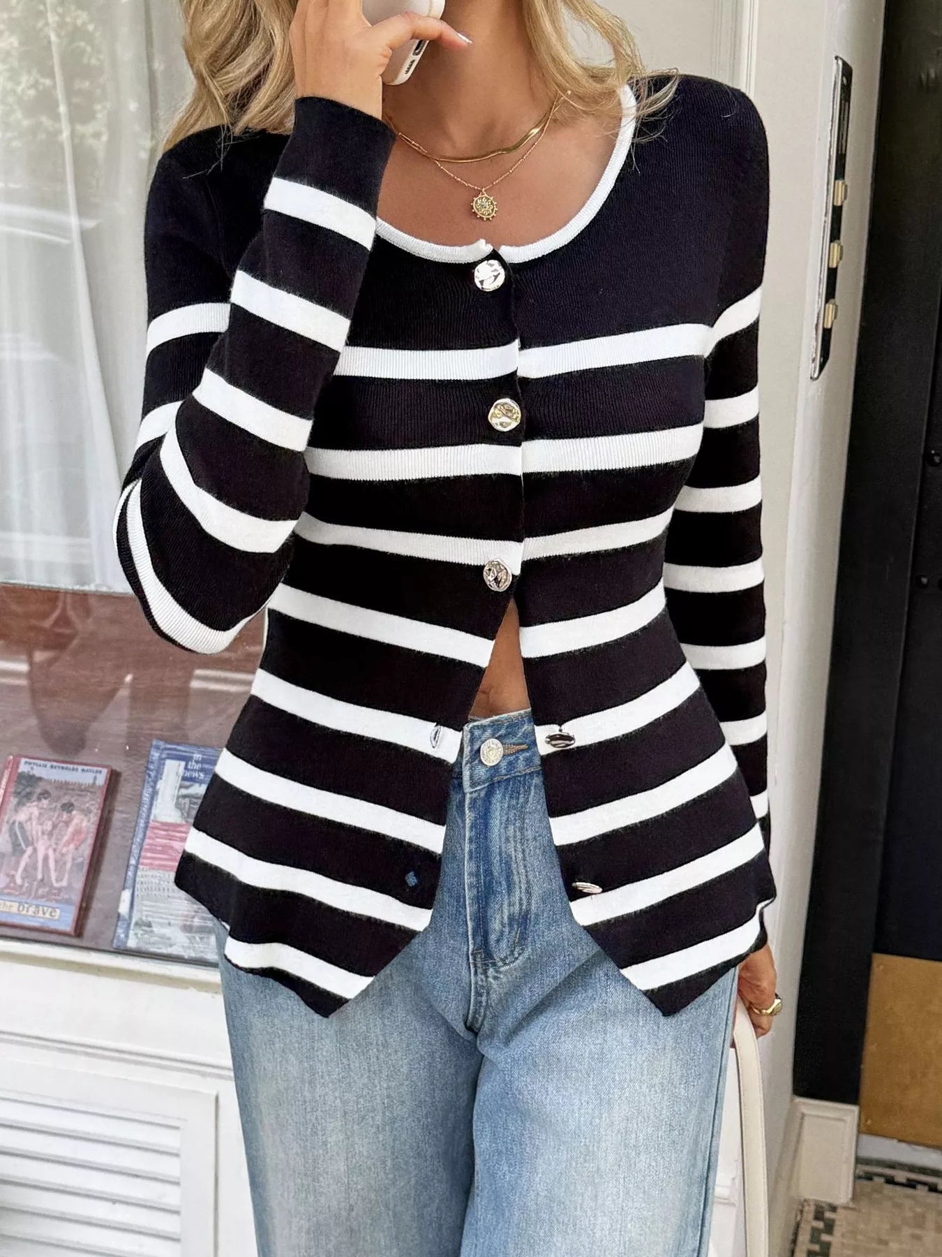 Striped Button-Up Knit Cardigan