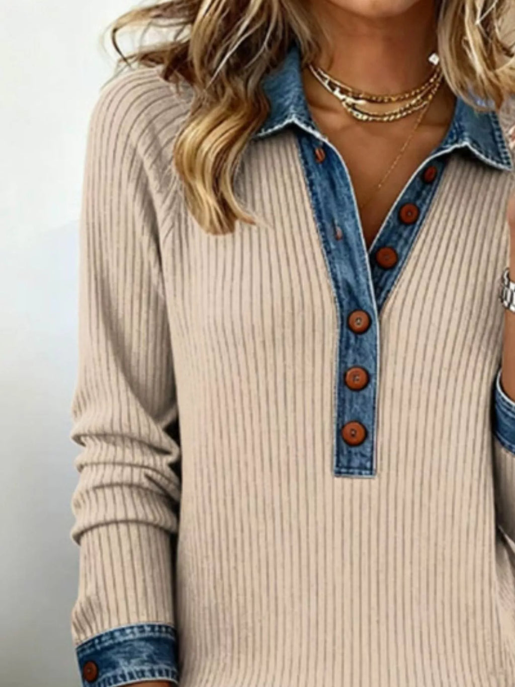 Full Size Denim Trim Button Front Ribbed Knit Top Plus Size