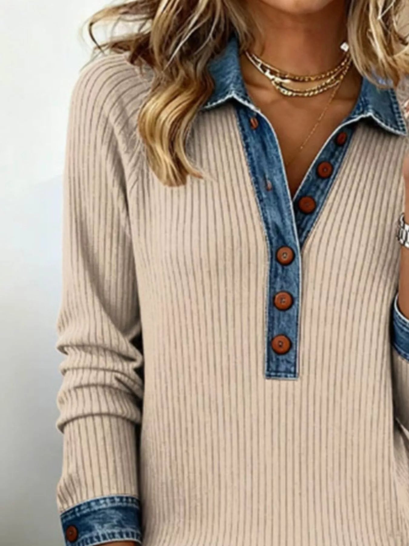 Full Size Denim Trim Button Front Ribbed Knit Top Plus Size