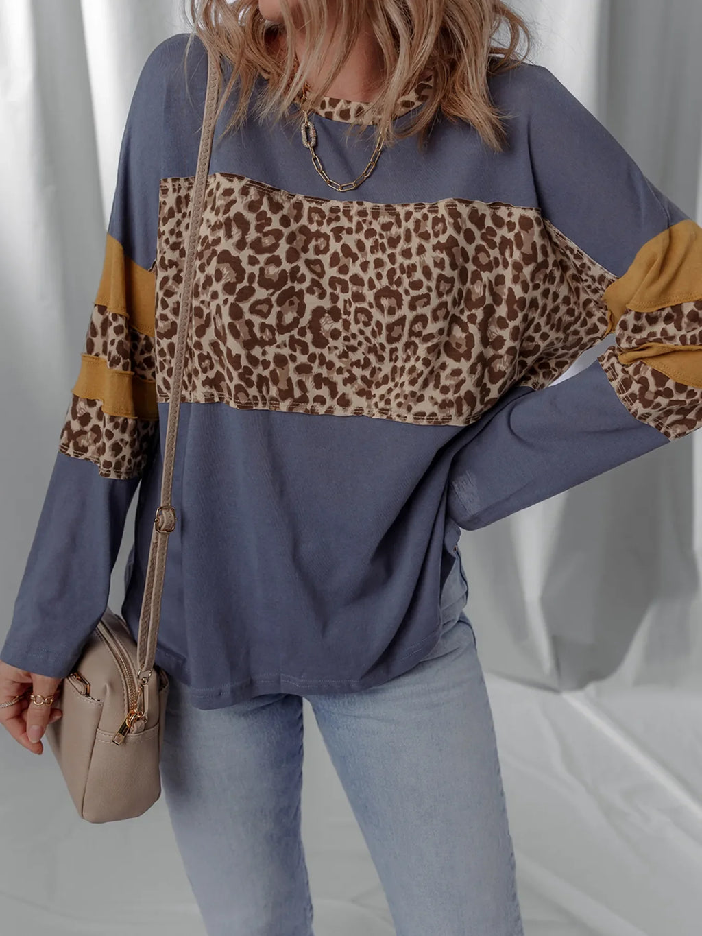 Leopard Color Block Long Sleeve Drop Shoulder Top