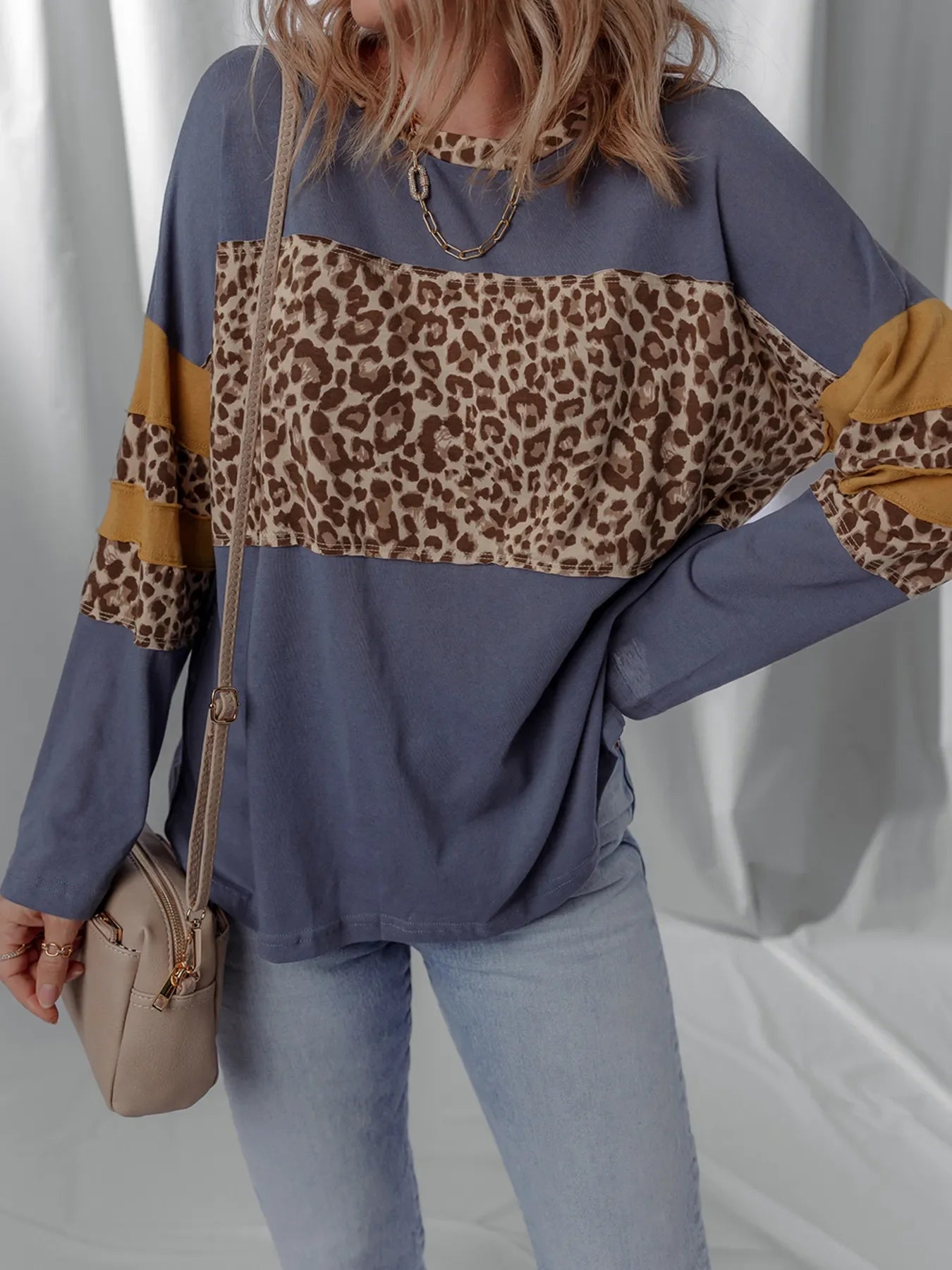Leopard Color Block Long Sleeve Drop Shoulder Top