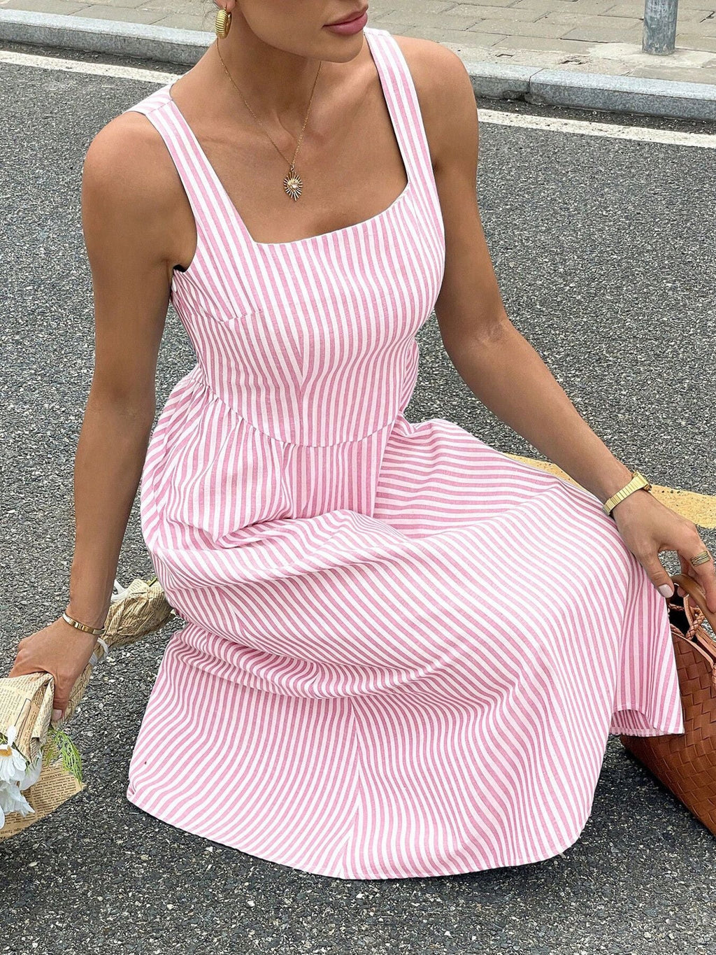 Striped Square Neck Midi Dress