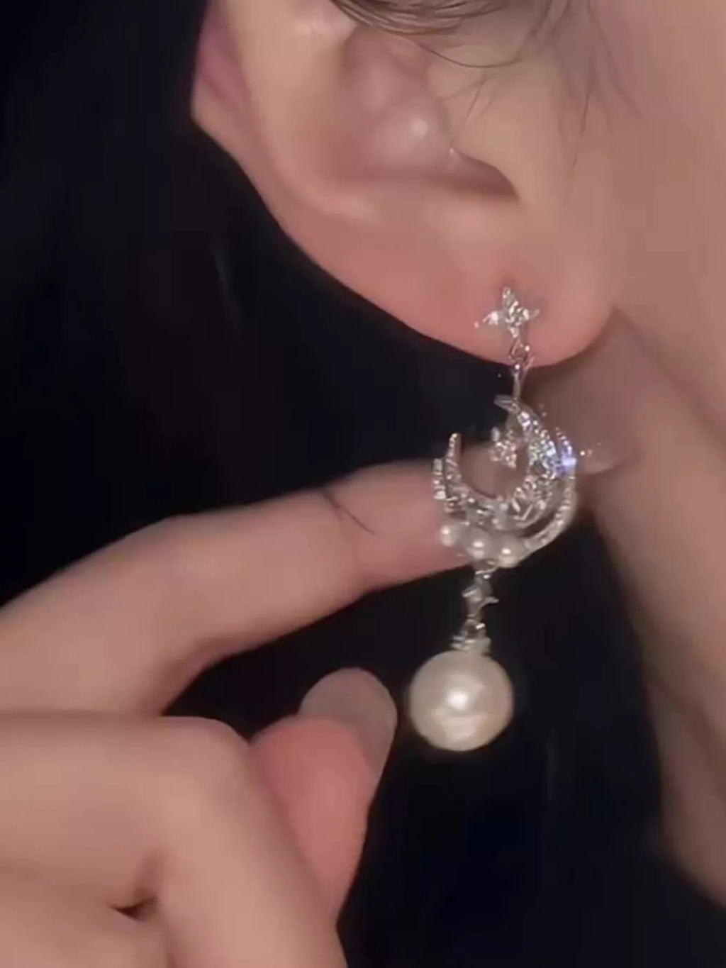 Moon & Star Pearl Dangle Earrings