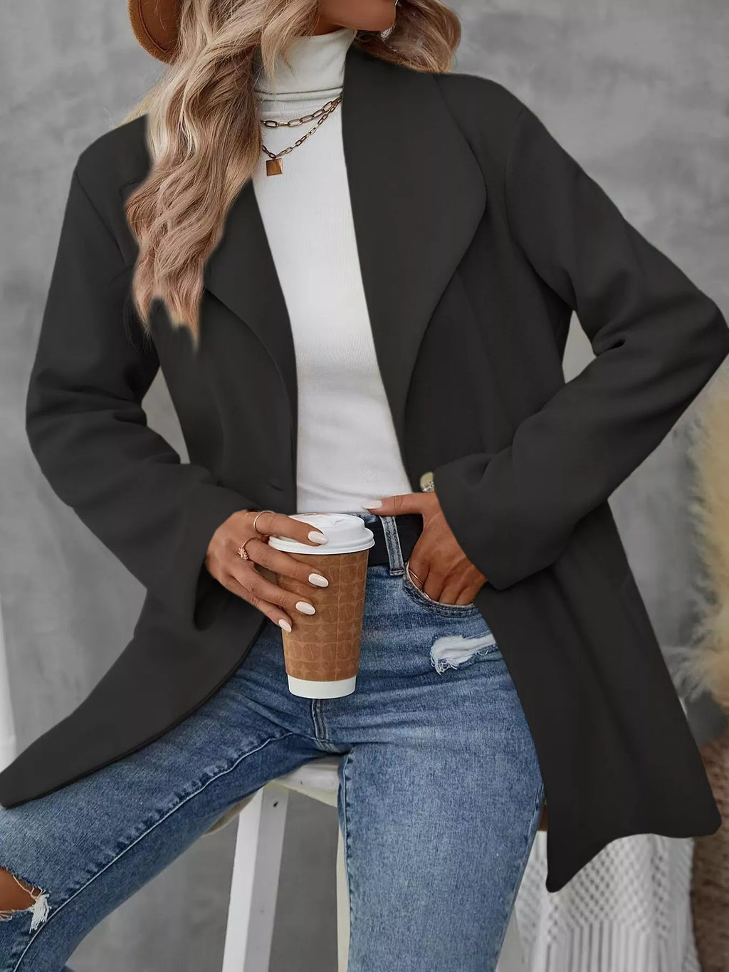 Lapel Collar Single-Button Wool Blend Overcoat