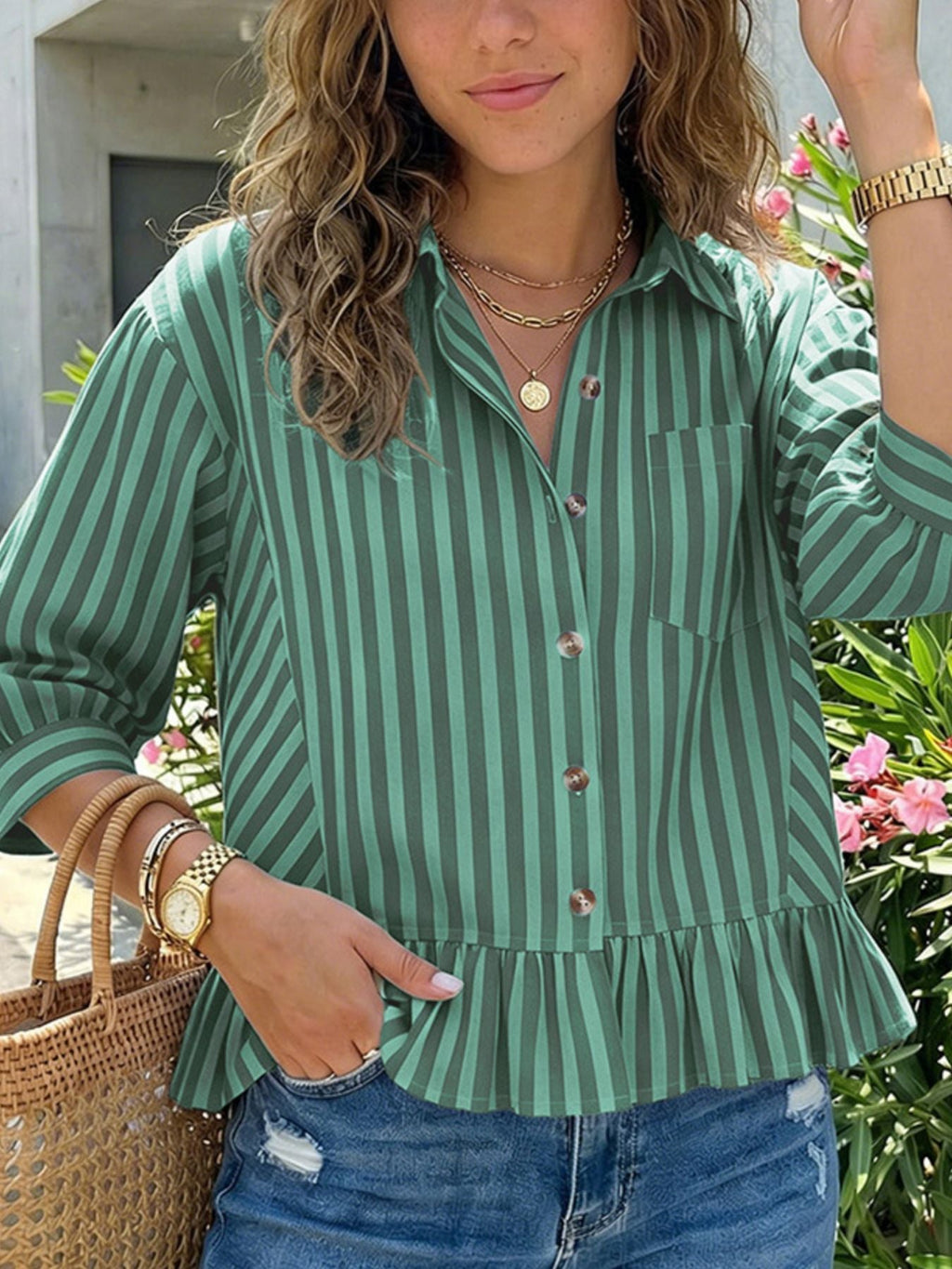 Striped Ruffle Hem Button-Down Shirt