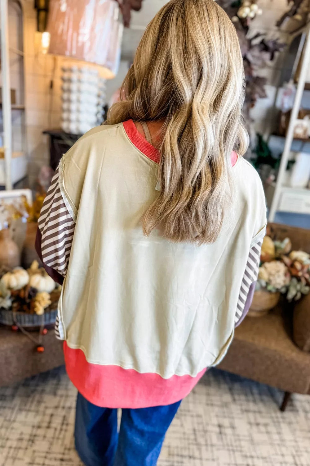 Color Block Striped Patchwork Dolman Slit Sweatshirt