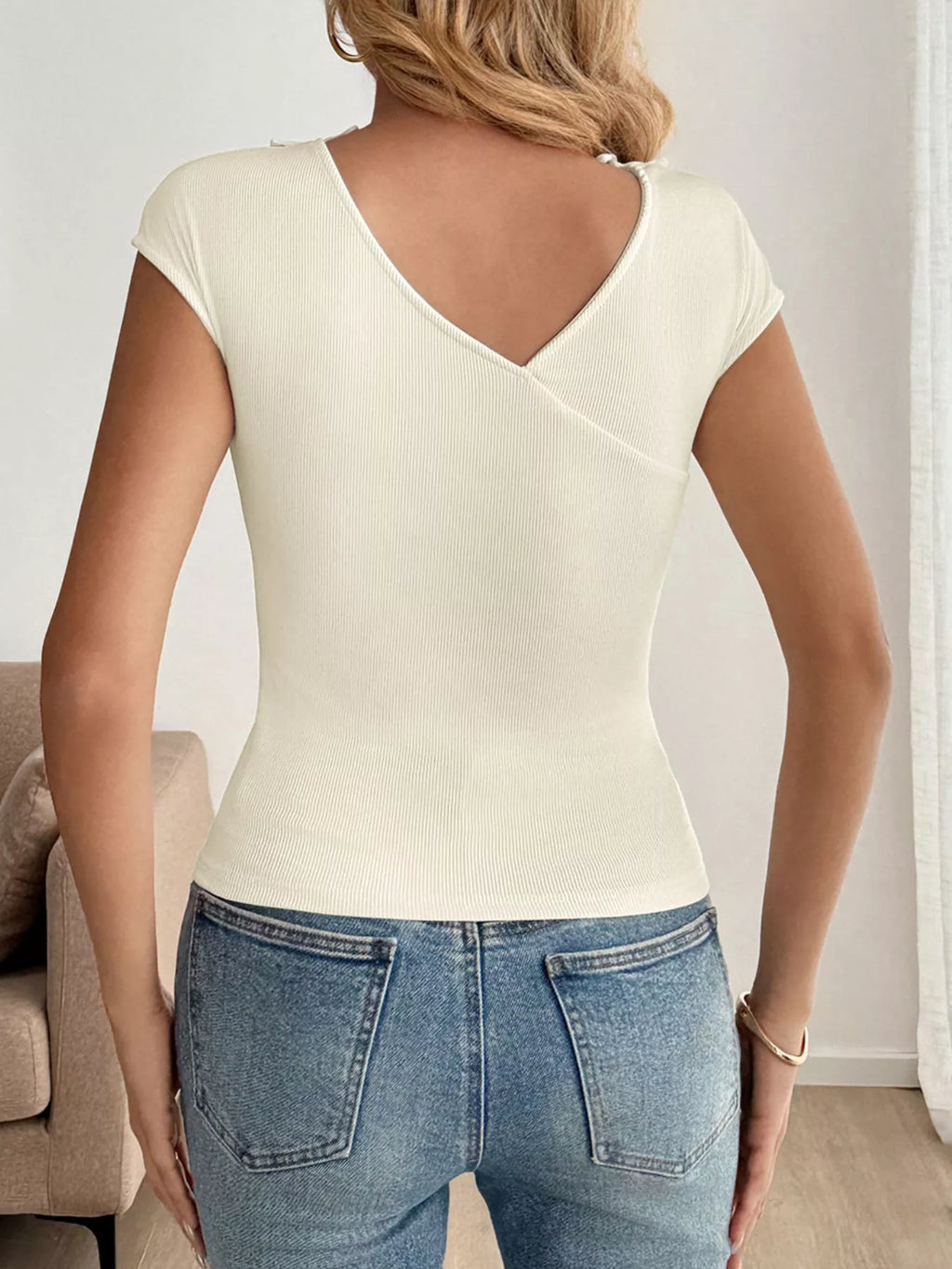 Ribbed Knit Bow Decor V-Neck T-Shirt