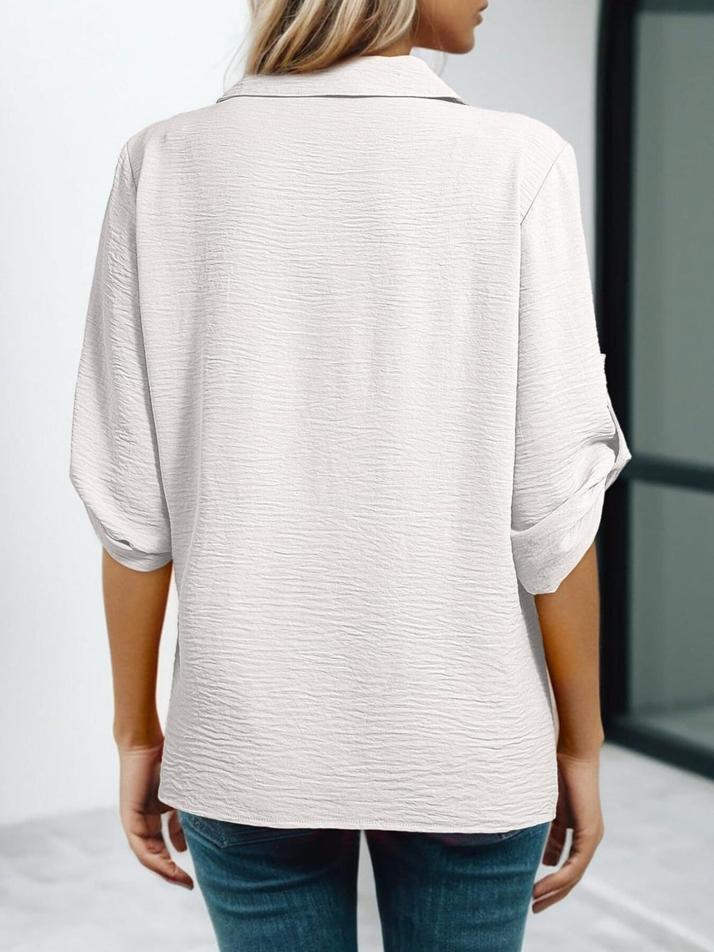 Johnny Collar Roll-Up Sleeve Blouse