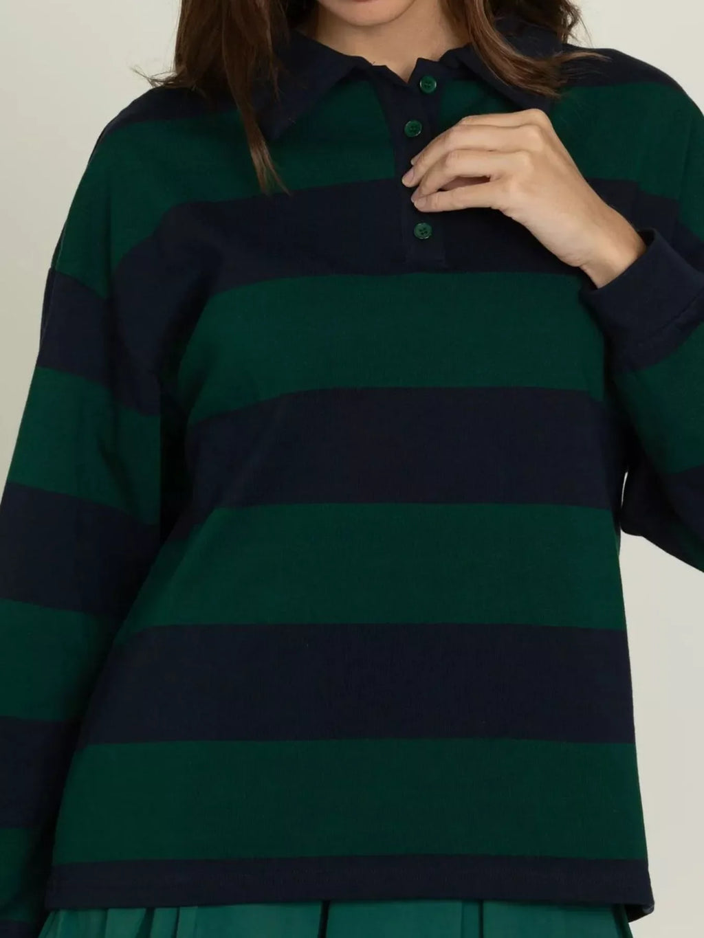 Striped Polo Collar Sweatshirt with Button Details