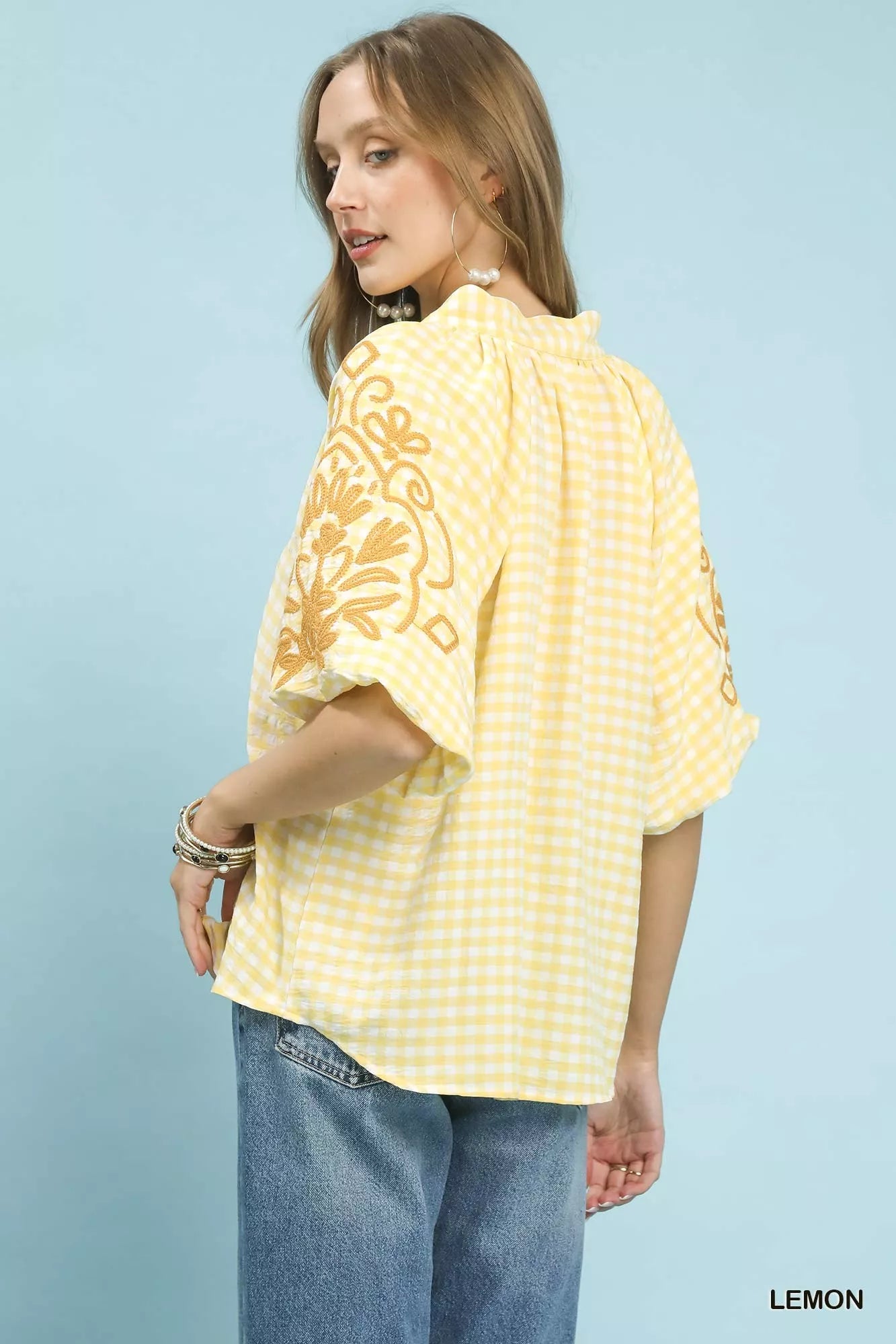 Umgee Gingham Embroidered Balloon Sleeve Top