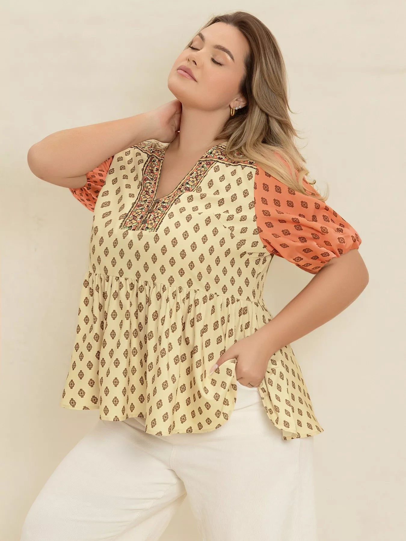 Plus Size Printed Short Sleeve Peplum Blouse